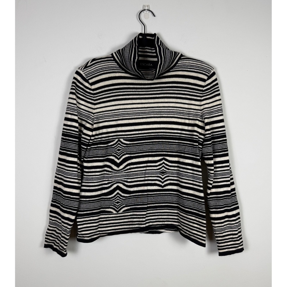 Escada Black White Striped Turtleneck Wool Sweater‎ Size 40 Womens Designer Knit